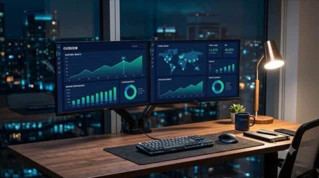 Dual-monitor desk showing digital marketing dashboards and performance metrics